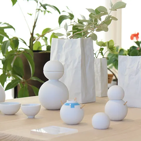 白い陶器の酒器だるまと、緑の植物が置かれたシンプルな空間。