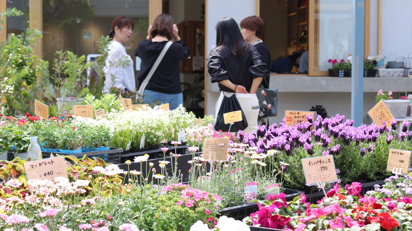 カラフルな花々が並ぶ花ノ停留所屋外店舗で、数人の客が植物を選んでいる様子。
